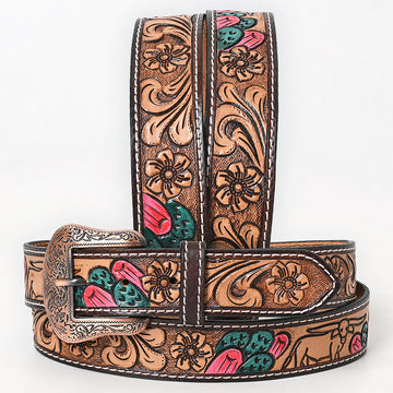 BAR H EQUINE Floral Cactus Bull Hand Carved Western Leather Men And Women Belt